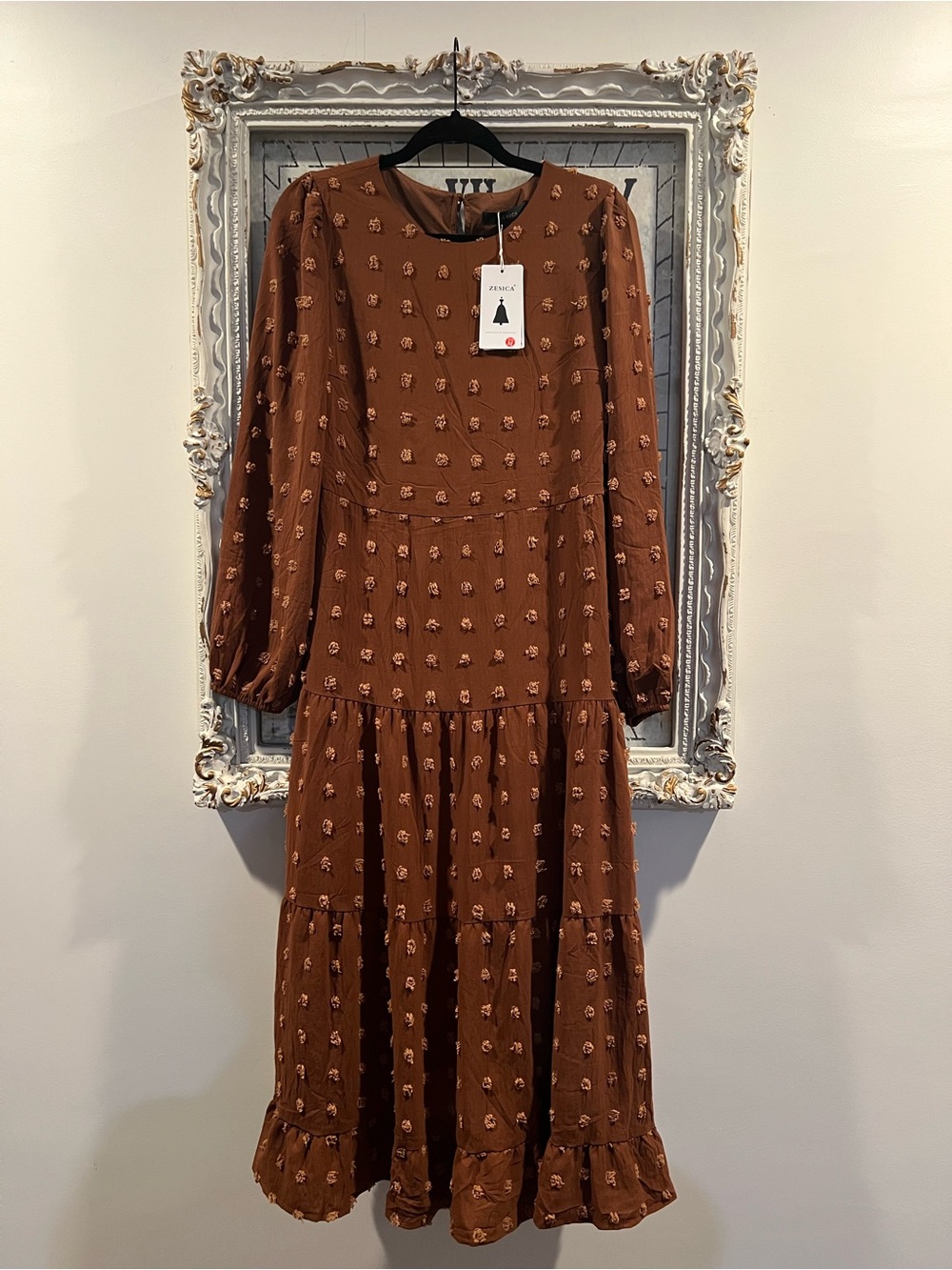 Long Sleeve Tiered Brown Midi Dress